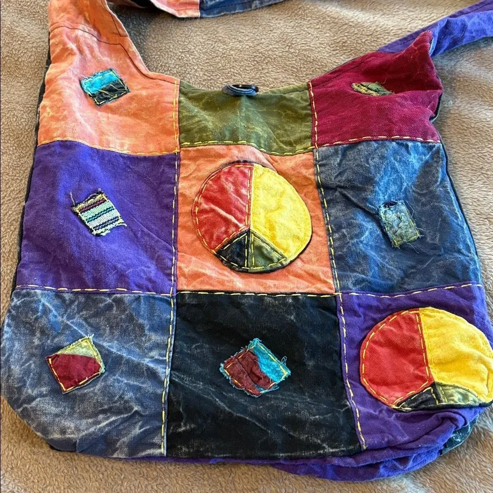 Patchwork Peace Shoulder Bag | Boho Hippie Festival Purse | Zipper Closure - Picture 2 of 9